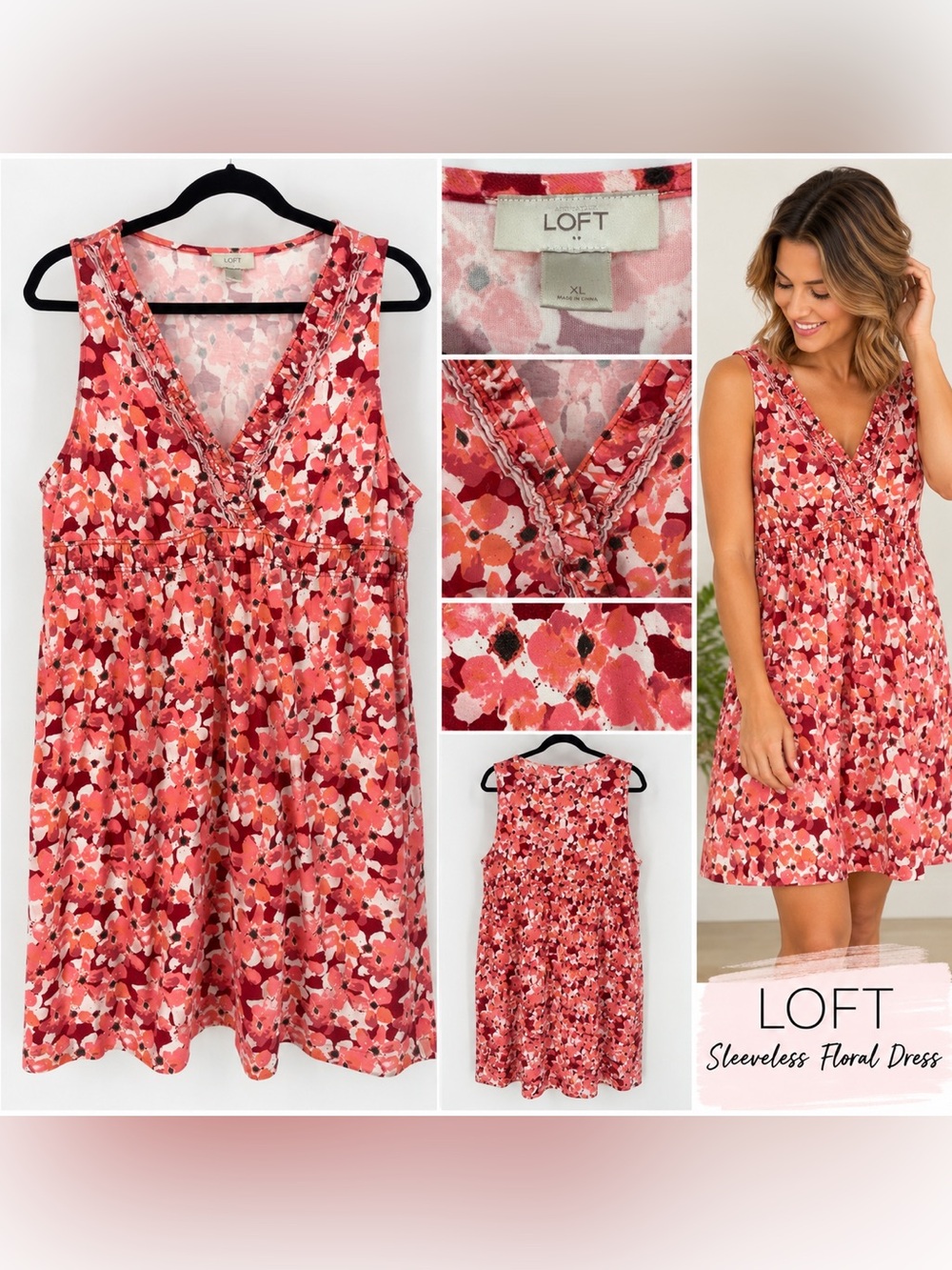 LOFT Floral Mini Dress in Red & Pink Size XL Like New